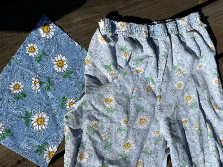 bandana daisy print fabric in saturated colors and in faded worn pants