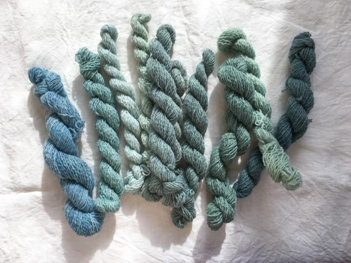 shades of teal blue green yarn skeins